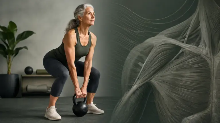 Ältere Frau beim kontrollierten Krafttraining mit Kettlebell und Muskelstruktur