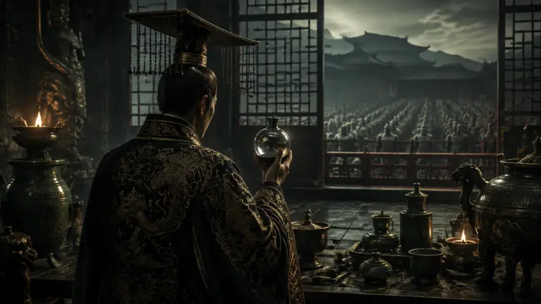 Qin-Kaiser mit alchemistischem Gefäß vor seiner Terrakotta-Armee