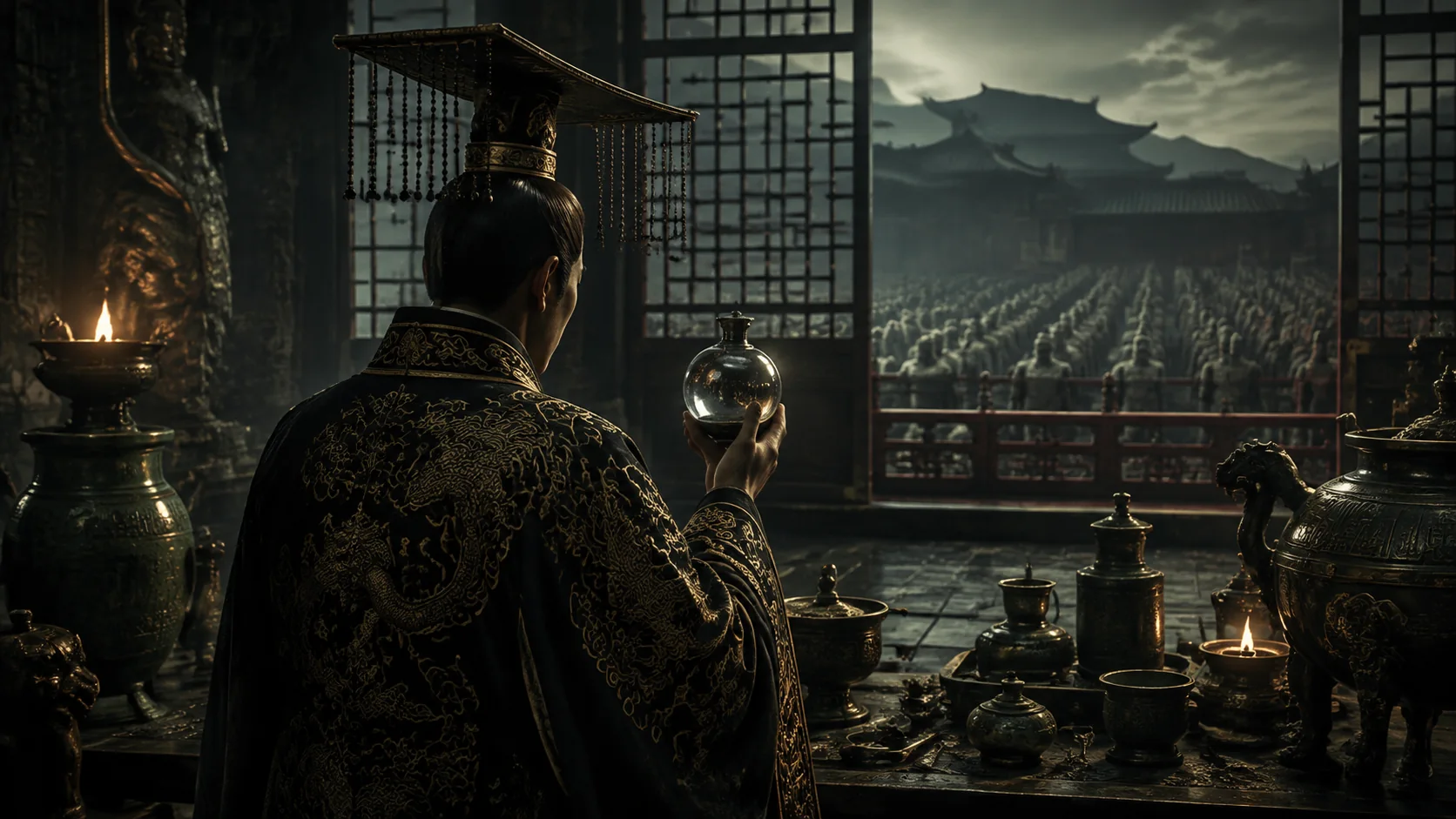 Qin-Kaiser mit alchemistischem Gefäß vor seiner Terrakotta-Armee