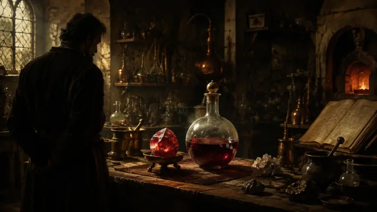 Historisches Alchemielabor mit rotem Stein und Gefäß für ein Lebenselixier