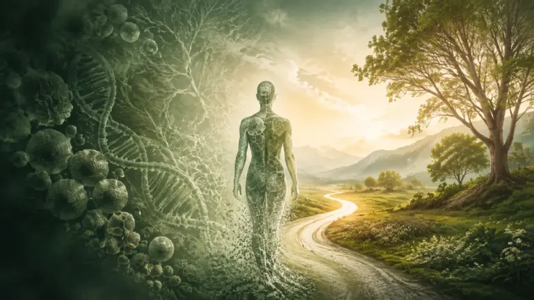 Abstrakte Darstellung von Zellbiologie, DNA und einem Weg zu gesundem Altern